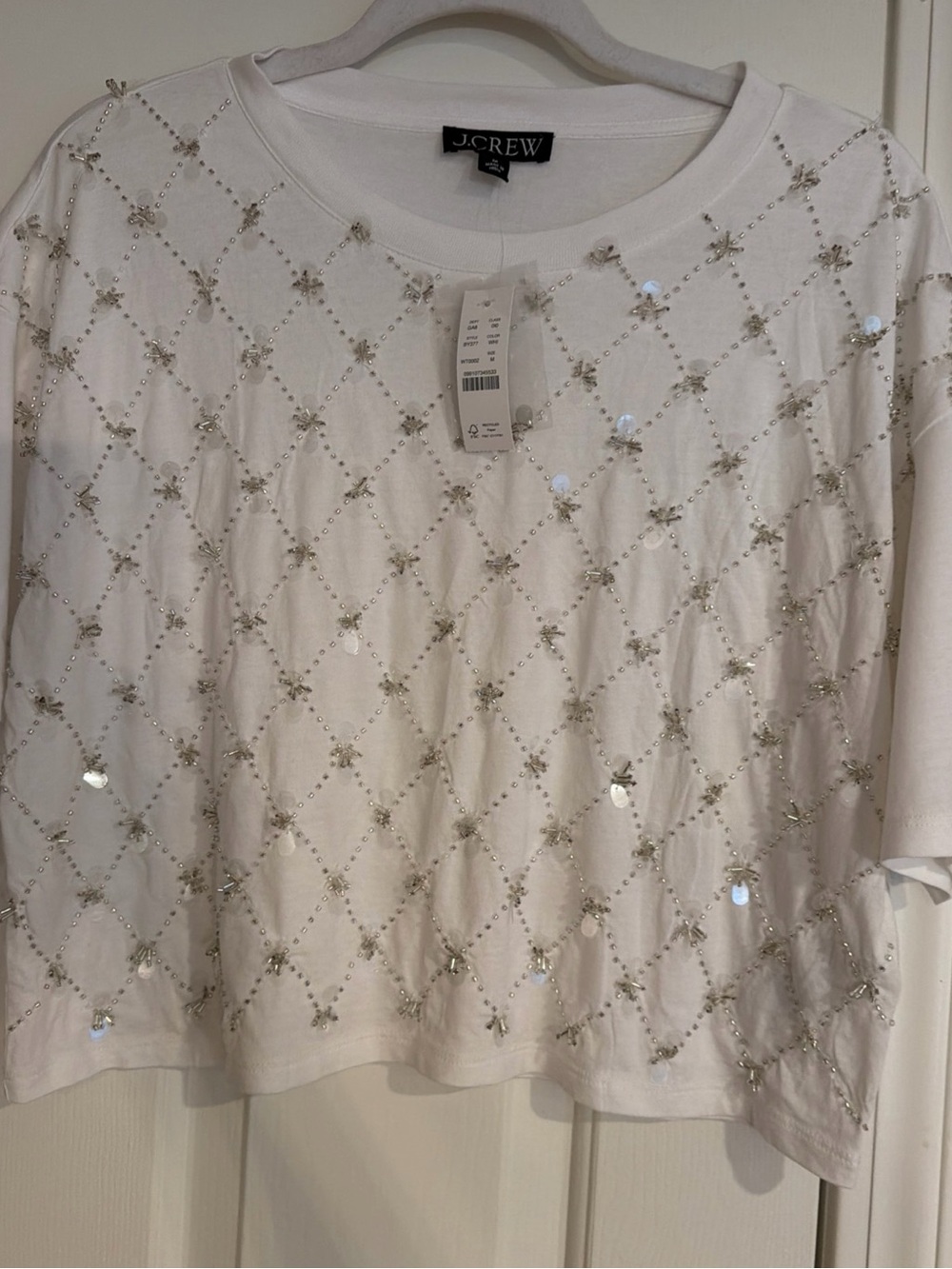 J. Crew White cropped Short-Sleeve Sequin & Bead Top NWT